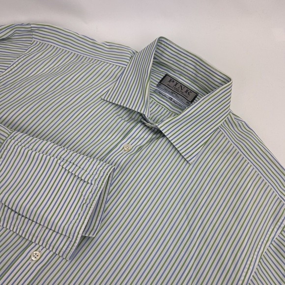 Thomas Pink Men's Green Blue Stripes Cotton Long Sleeve Button